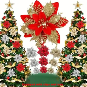 30 Classic Shiny Christmas Star Artificial Flowers, Decorative Flowers Ornaments, Reusable Plastic Tree Decorations for Weddings Birthdays Holidays, No Feathers Needed