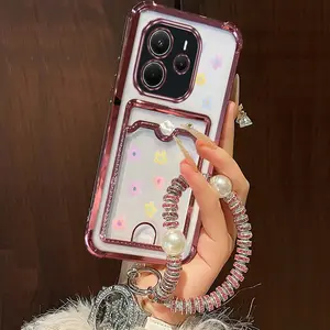 Redmi Note 14 5G Colorful Painting of Flowers Transparent Plating Sparkling Jewelry Lanyard Strap Card Holder Slot Phone Case, Protective, with Shockproof Protector Compatible with Xiaomi Redmi Note 14 5G Back Cover