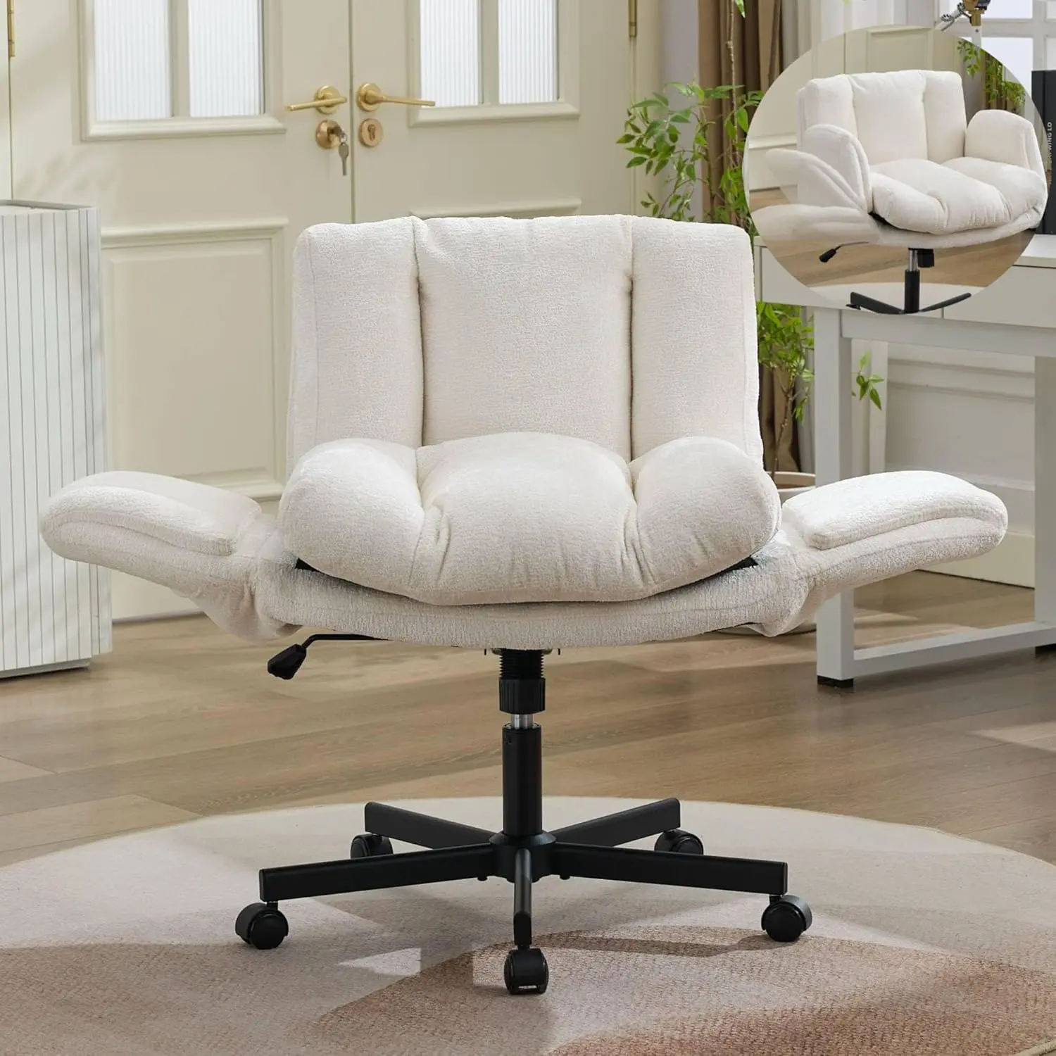Criss Cross Office Desk Chair Comfy, Chenille Computer Chair with Adjustable Armrests & Height, Ergonomic Swivel Gaming Vanity Chairs with Wheels for Home Office, Easy Assembly, Beige