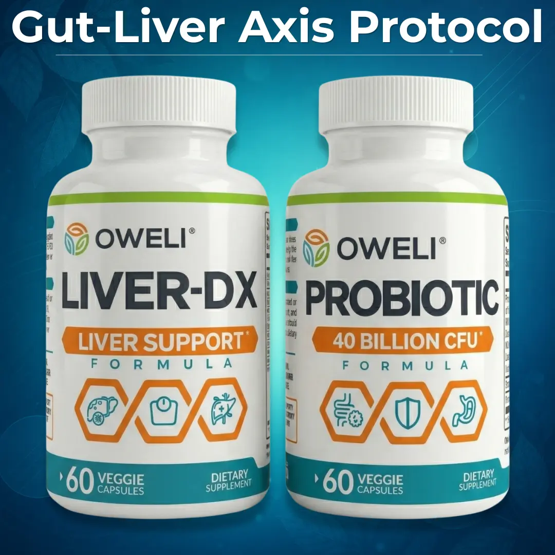 Oweli Gut-Liver Axis Protocol - Liver-DX + Probiotic 2-Step System with 8-Herb Liver Formula + 40 Billion CFU Probiotics for Digestive Wellness & Gut Health (30-Day System)