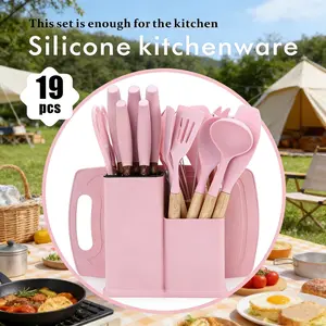 19 Piece Kitchen Set CutlerySet with 11 Piece Spatula Cooking Utensils, HeatResistant Silicone Cutlery 6 Piece Sharp Knife Set2 Piece Cutlery Cutting Board  WoodCookware Rectangular Round Stove WoodenPlastic .  Nonstick  White  pans set