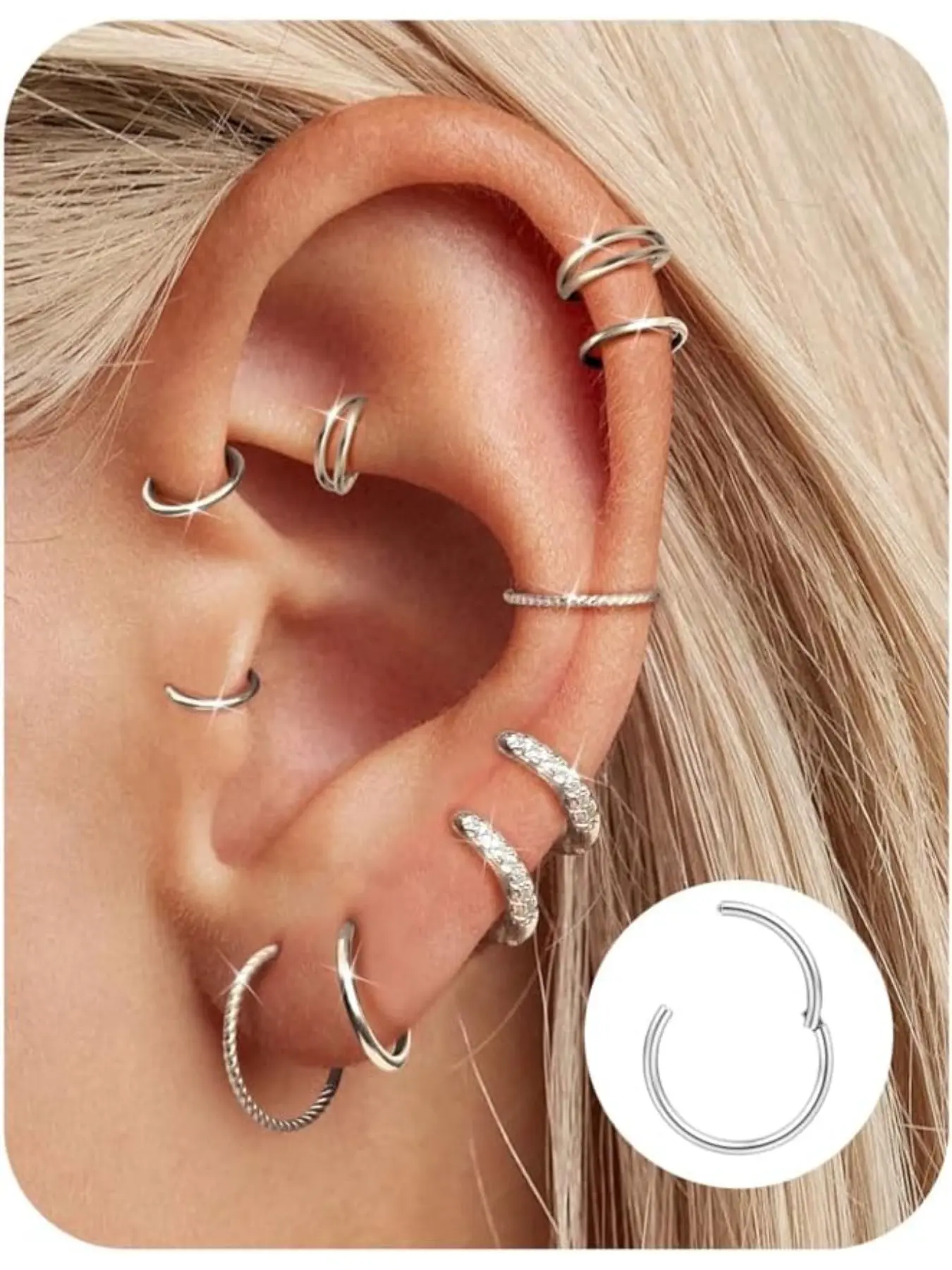 10 Pcs Cartilage Hoop Earrings, Steel Nose Rings Spiral Nose Ring 16g/18g, Segment Hinged Septum Ring 6-12mm, Couch Daith Lip Tragus Piercing Jewelry Set