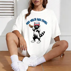 USA Red White Feral Racoon Graphic Tee Vintage Hot dog Party America Patriotic Racoon Tshirt Trucker Hat Hot Dog Eating Redneck Shirt Unisex Casual Womens Top