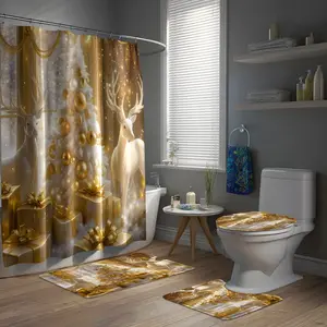 Christmas Tree and Reindeer Shower Curtain Set, Festive Bathroom Decor, Includes 12 Hooks, Bath Mat, Toilet Pad, U-Shaped Pad, Christmas Gift