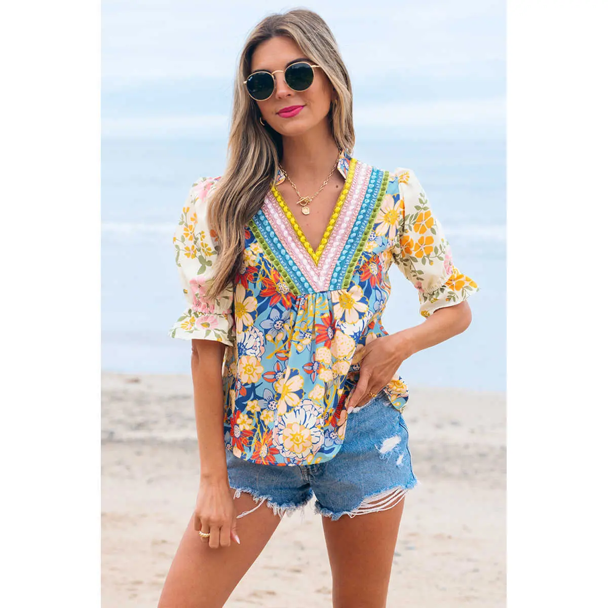Multicolour Crochet V Neck Half Sleeve Boho Floral Blouse