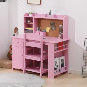Kids Study Desk with Chair, Kids Desk and Chair Sets with Hutch, Drawer and Storage Cabinet, Wooden Children Study Table with Cork Bulletin Board, Student Writing Desk for Kids Bedroom