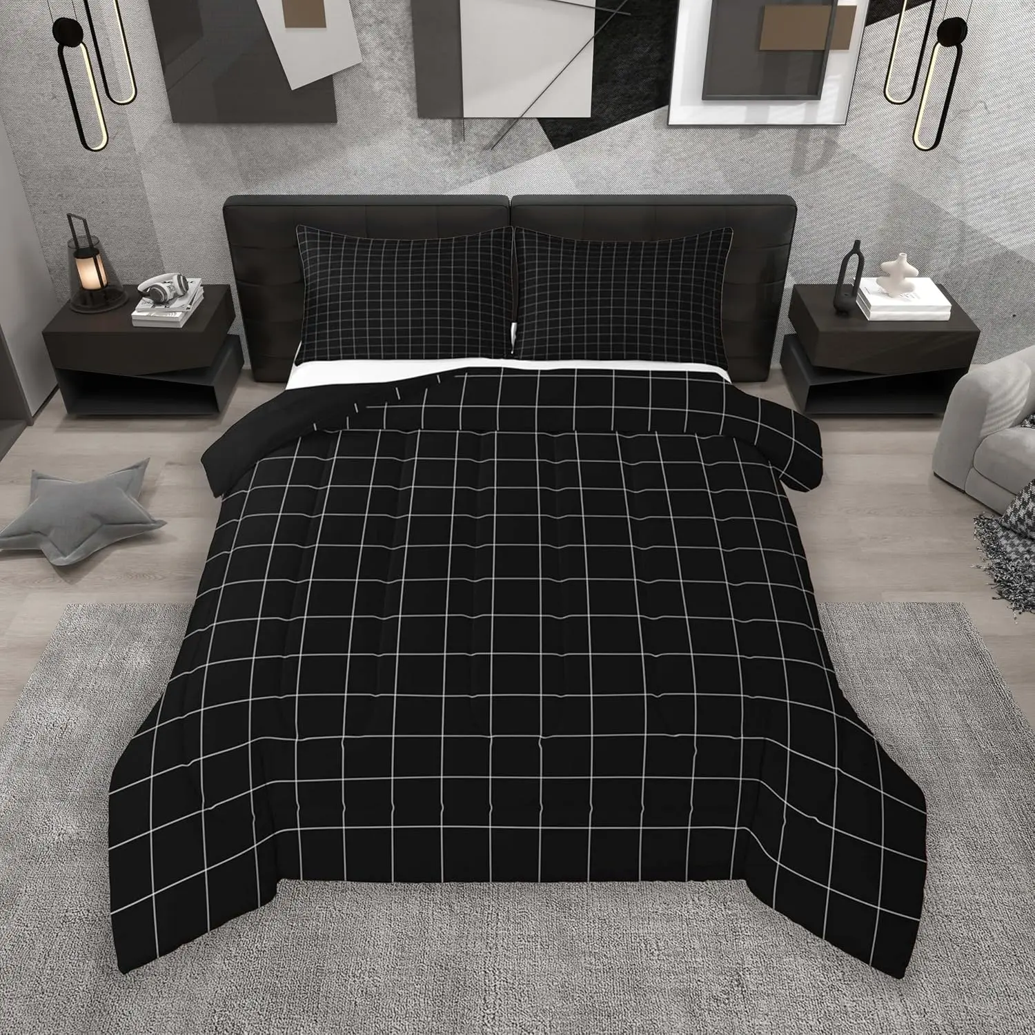 Black Plaid Comforter Set Buffalo Grid Checkered Bedding Set White Lines Duvet Quilt Bedroom Decor Microfiber