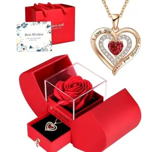 Eternal Rose Gift Set Perfect for Valentines Day Includes Red Rose in Box and Heart Pendant Necklace
