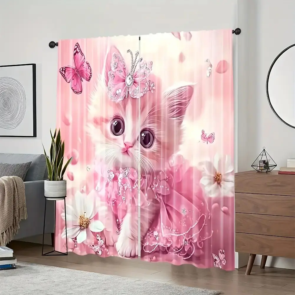 Cute Cat and Butterfly Print Curtains, Soft Polyester Fabric with Sheer Design, Ideal for Bedroom and Living Room Decor