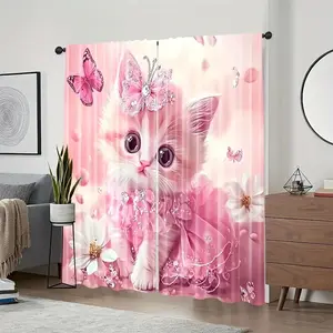 Cute Cat and Butterfly Print Curtains, Soft Polyester Fabric with Sheer Design, Ideal for Bedroom and Living Room Decor