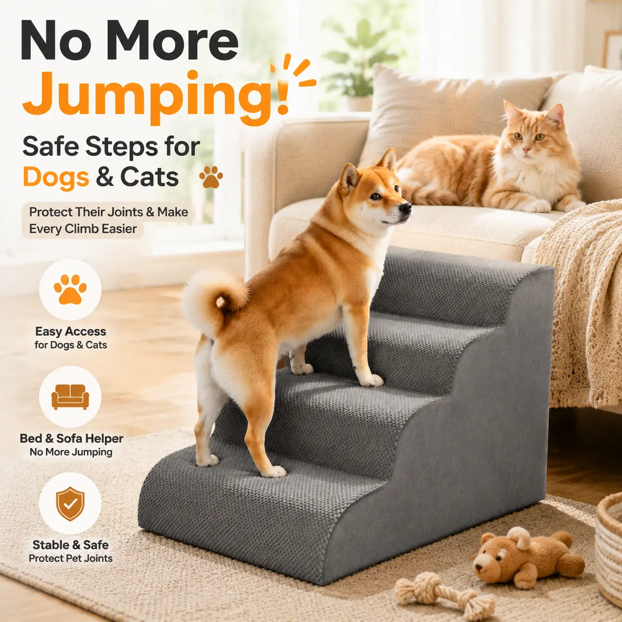 Sweetcrispy 5-Step Curved High-Density Foam Pet Stairs Ramp - Indoor Dog & Cat Furniture with Joint Support, Extra Joint Support, Easy to Clean, Quick Tool-Free Setup for Small Pets, High Beds & Couch