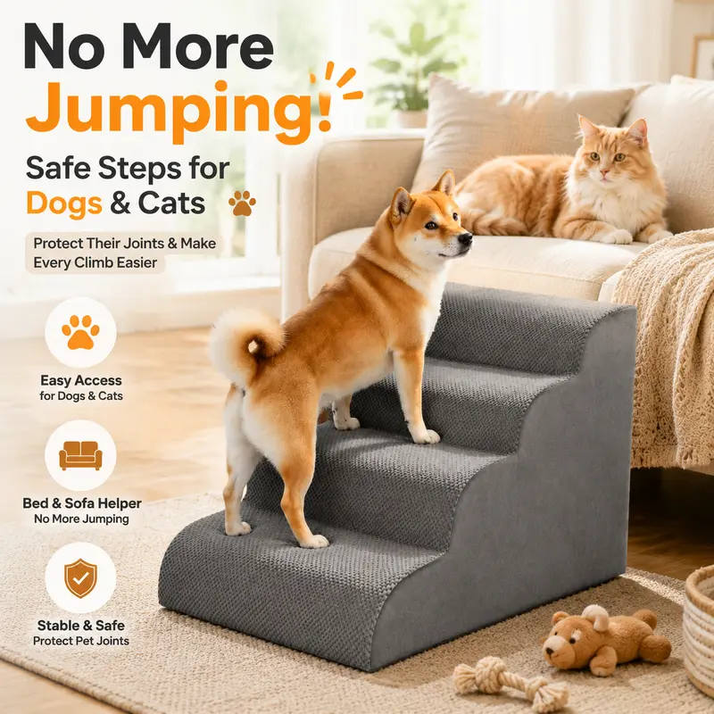 Sweetcrispy 3-Step High-Density Foam Pet Stairs Ramp, Indoor Dog Furniture with Curved Step Design, Washable Cover, Extra Joint Support, Tool-Free Quick Setup, Stable Non-Slip Support, Easy to Clean, for Beds, Sofas, Chairs
