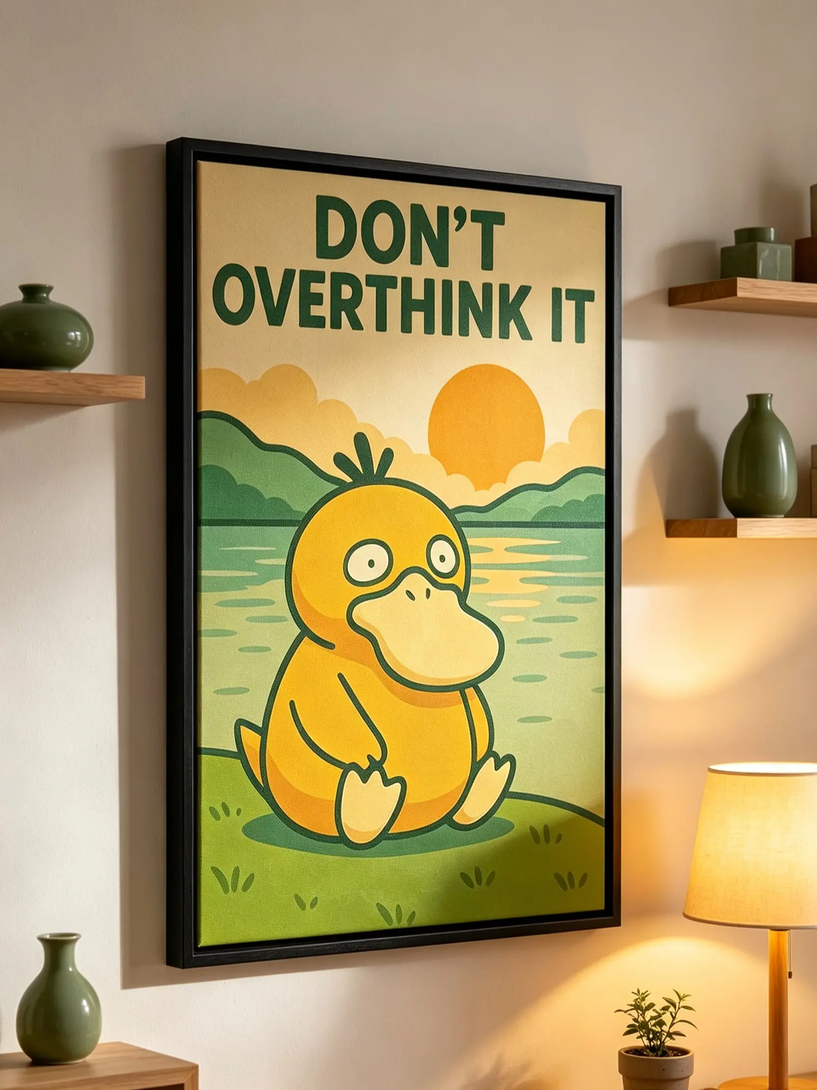 Psyduck "Don't Overthink It" Retro Film Canvas Poster - Motivational Wall Art for Men, Funky Home Decor, Unframed Print, Gift Idea for Him, Aesthetic Bedroom Decoration