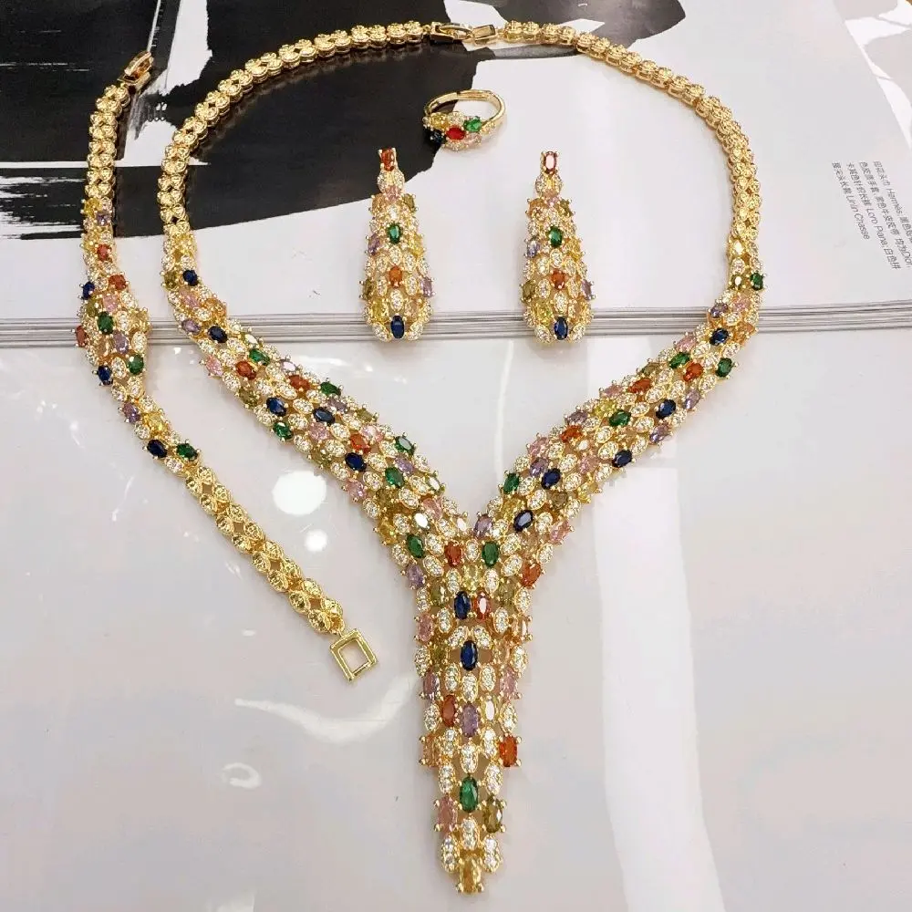 Elegant zircon Gold Tone Jewelry Set with Multicolor Gemstones Necklace Earrings and Ring for Special Occasions