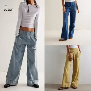 Women’s Cotton Mid-Rise Wide-Leg Jeans, Elastic Back, Smocked Fit — Casual, Trendy, Baggy, Pull-On Denim for Autumn