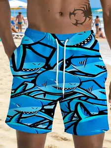 Men's Summer Cartoon Shark Print Casual Beach Shorts, Blue Quick-Dry Swim Trunks, Fitted Natural Waist, Elastic Waist, Pockets