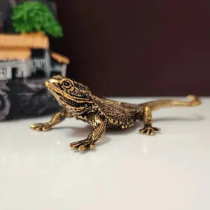 Brass Lizard Figurine Animal Design Tea Pet Car Decor Desktop Ornament Animal Craft Landscape Decoration Collectible Gift No Power Needed
