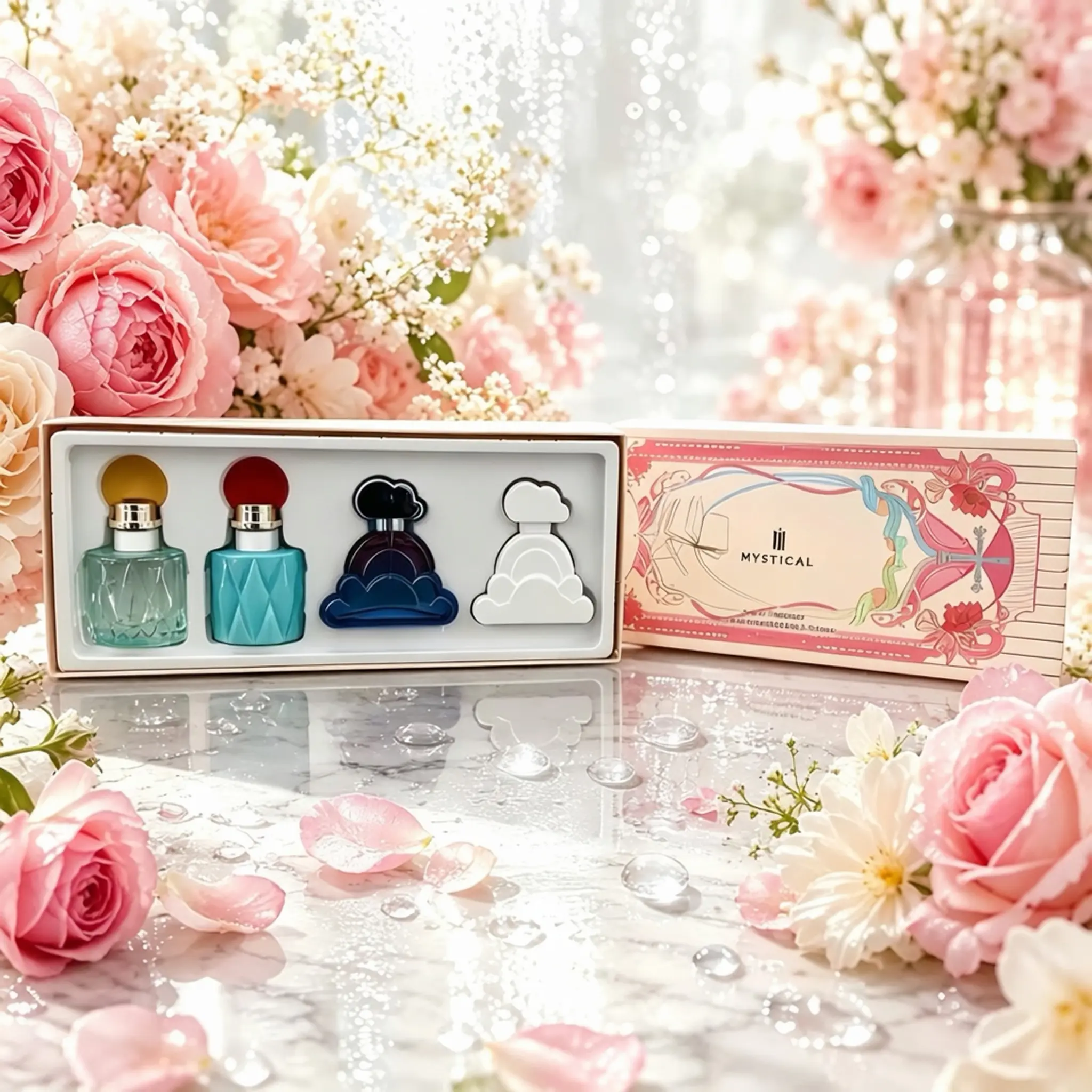 Women's Mystical Cloud 4-Piece Perfume Gift Set - 28.5cm/11.22in Box with Colorful Bottles, White Figurine - Long-Lasting Vanilla, Mykonos Fragrances for Gifting-perfume for women,women perfumes,mykonos fragrances，vanilla perfume，long lasting perfumes