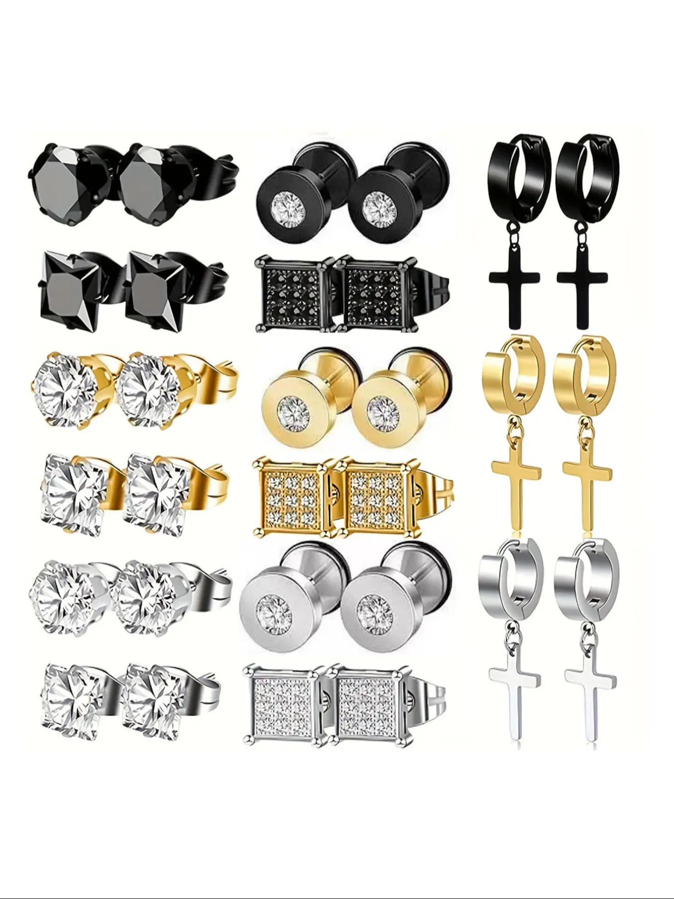 Titanium Steel Earring Set, Square Oxidized Zircon Cz Studs, Studded Cross Earrings, Cross Pendant, Silver Color Pairing, Jewelry Gift Set