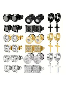 Titanium Steel Earring Set, Square Oxidized Zircon Cz Studs, Studded Cross Earrings, Cross Pendant, Silver Color Pairing, Jewelry Gift Set