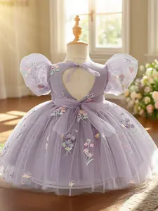 Baby Girl's Floral Bubble Sleeve Dress, Cute Elegant Cake Smash Dress for Birthday Party, Infant Toddler Kids Clothes Gifts for Spring & Fall, Flower Dress