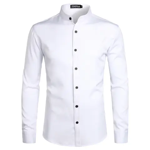 ZEROYAA Men's Soft Solid Slim Fit Long Sleeve Mandarin Collar Polyester Fabric Top - Contrast Buttons, Hand Wash, US Size, Stylish Casual Business Shirt for Office, Party Versatile Wear (Slim Fit Sharpens Look)
