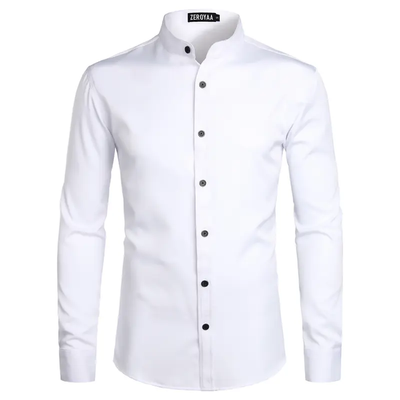 ZEROYAA Men's Soft Solid Slim Fit Long Sleeve Mandarin Collar Polyester Fabric Top - Contrast Buttons, Hand Wash, US Size, Stylish Casual Business Shirt for Office, Party Versatile Wear (Slim Fit Sharpens Look)