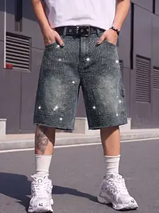 Men's Y2K Rhinestone Denim Shorts, Loose-Fit Embroidered Streetwear, Perfect for Nightclubs, Music Festivals, Parties, Evening