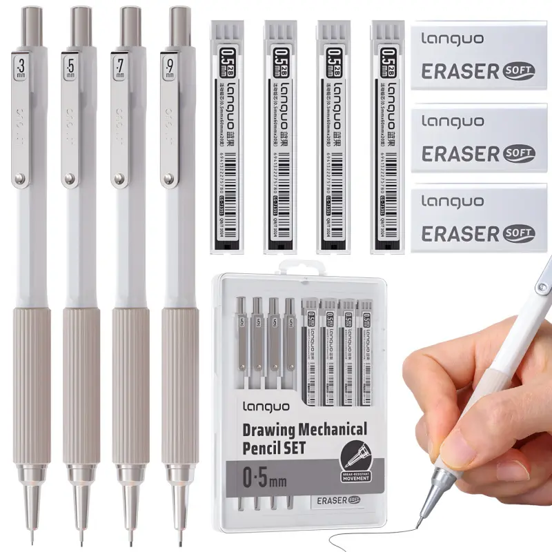 Metal Mechanical Pencil Set,Retractable pen tip,Anti-break core,4PCS Art Drafting Pencils0.3, 0.5, 0.7, 0.9MM with 80PCS Leads Refills 3PCS Erasers Case Stationery Supplies for Writing Sketching Drawing Art Supplies