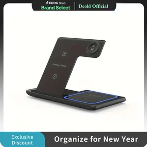 3-In-1 Fast Wireless Charger, Foldable Office TravelCharger,Charging Stand with LED Light for lphone15/14/13/12/11,apple watch,Airpods