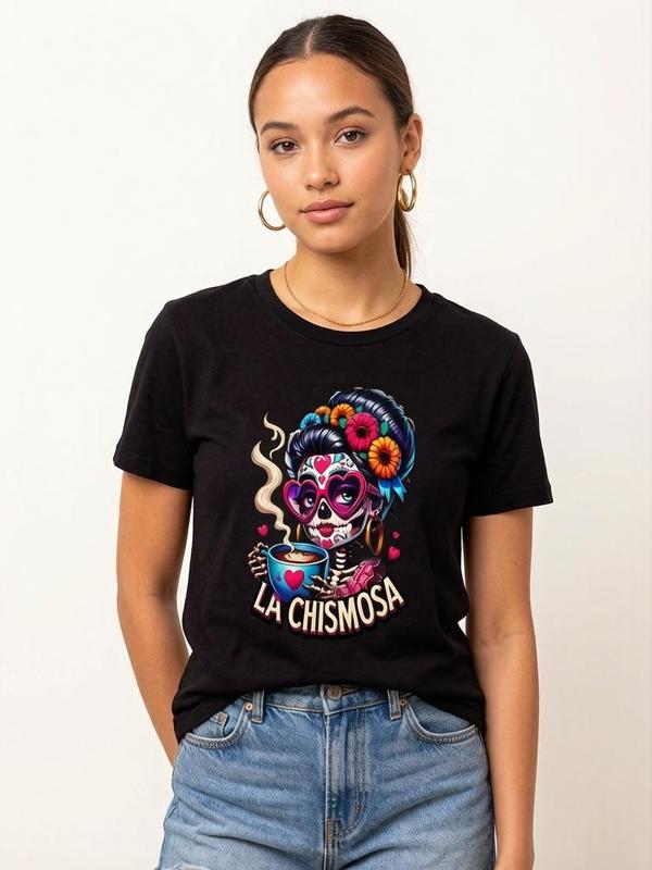 Women's Pure Cotton Essential Short-Sleeve Crew Neck Fitted Graphic Print Tee - Funny "La Chismosa" Skull Art, Lightweight, Soft, Vintage Casual Streetwear, Machine Washable, All Seasons Cap Sleeve A Type Top for Thanksgiving