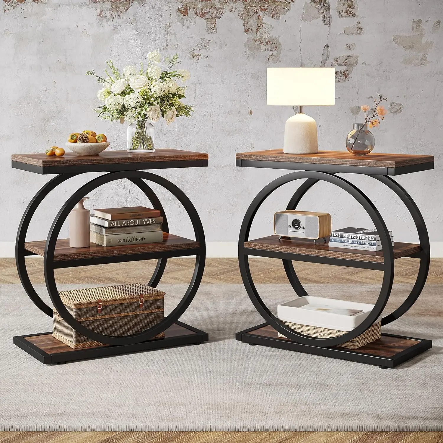 LITTLE TREE End Table Set of 2, Narrow End Table with 3 Storage Shelves, Wooden Side Table, Industrial Small Sofa Side Table for Living Room, Slim Nightstand and Bedside Table for Bedroom