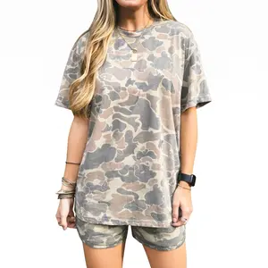 Women's 2 Piece Lounge Set Vintage Camouflage Oversized T-Shirt and Drawstring Shorts Outfit Casual Sweatsuit