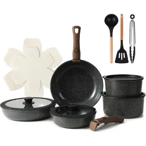 15PCS Ceramic Cookware Sets Detachable Handle Pots and Pans Set Non Stick (Black)