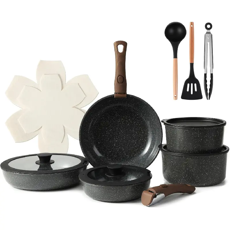 15PCS Ceramic Cookware Sets Detachable Handle Pots and Pans Set Non Stick (Black)