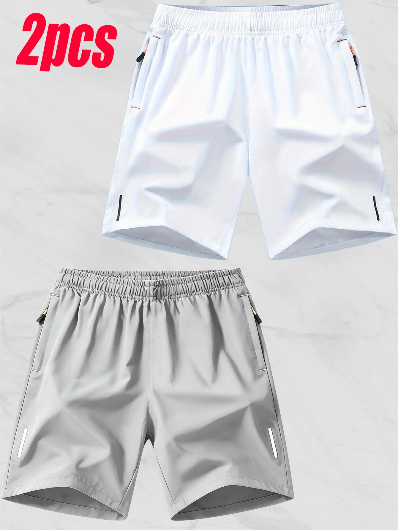 Men's Summer Athletic Shorts Two-Pack Quick-Dry Lightweight Breathable Ice Silk Knee-Length with Zipper Pockets Casual Running Beach Shorts