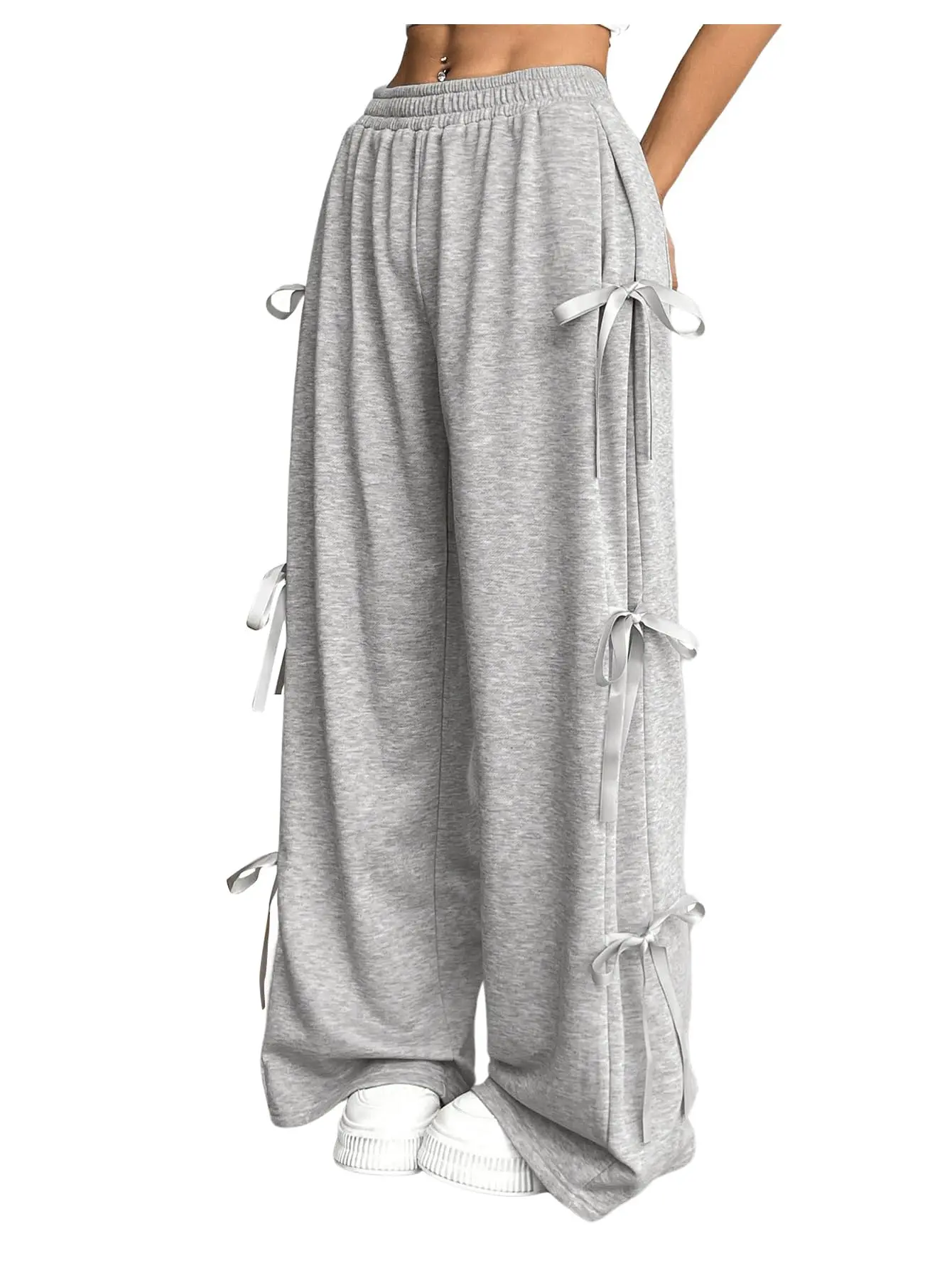 Women's Knitted Sweatpants, Casual Wide-Leg Crop Pants with Elastic Waist, Pockets and Side Tie Bowknots, Clothes, Knitted Fabric, Dancing, Street Wear