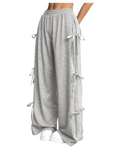 MNLYBABY Women's Bowknot Wide Leg Sweatpants Elastic Waist Casual Loose Pants with Pockets Maxi Knitted Fabric Dancing Fit Street Wear Tops Clothes Baggy Jacket