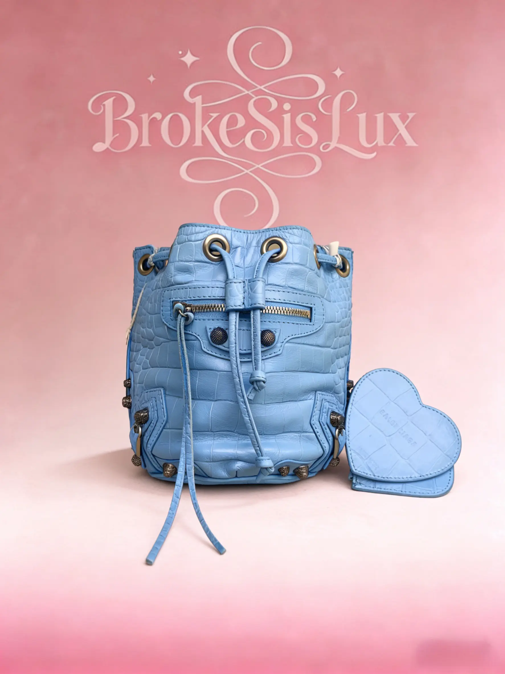 Pre-owned Balenciaga Le Cagole Bucket Bag in Baby Blue Croc Embossed Leather