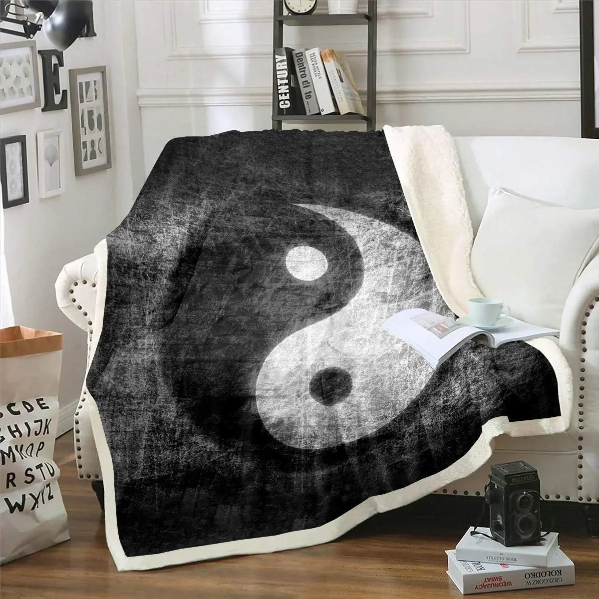 Feelyou Yin Yang Art Graphic Full Synthetic Fleece Sherpa Blanket - Boho Bohemian Style Throw Blanket for Sofa, Couch, Sherpa Blankets, Boho Blankets