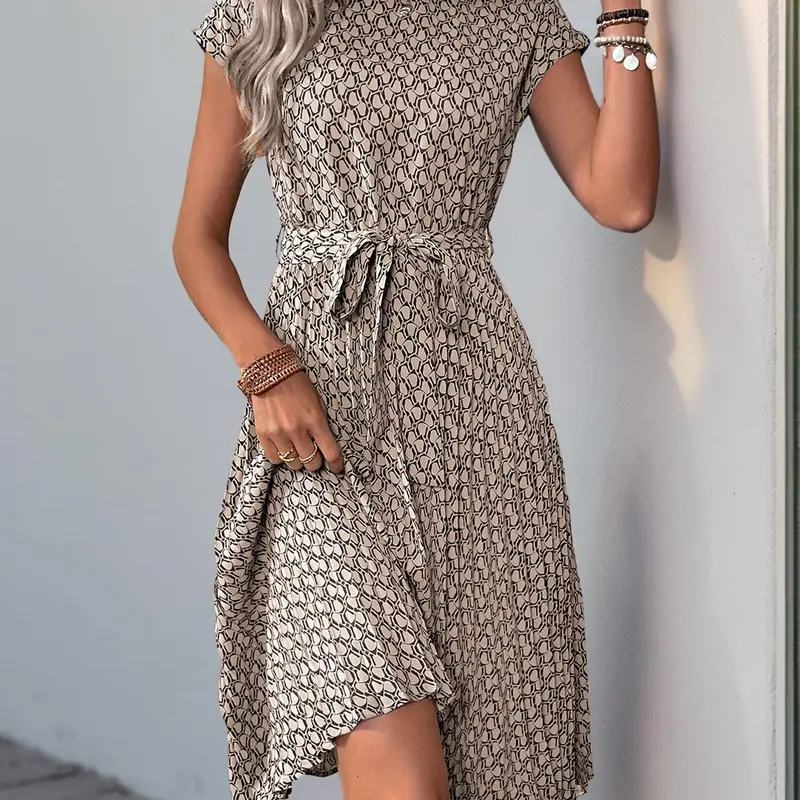 Women's All Over Print Geometric Belted Fit Dress, Casual Short Sleeve Dress for Summer, Brunch Dress, Ladies Clothes for Daily Wear, Womenswear, Dress with Belt