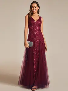 Ever-Pretty  V-Neck Leaf Sequin Sleeveless A-Line Formal Evening Dress with Tulle 02130