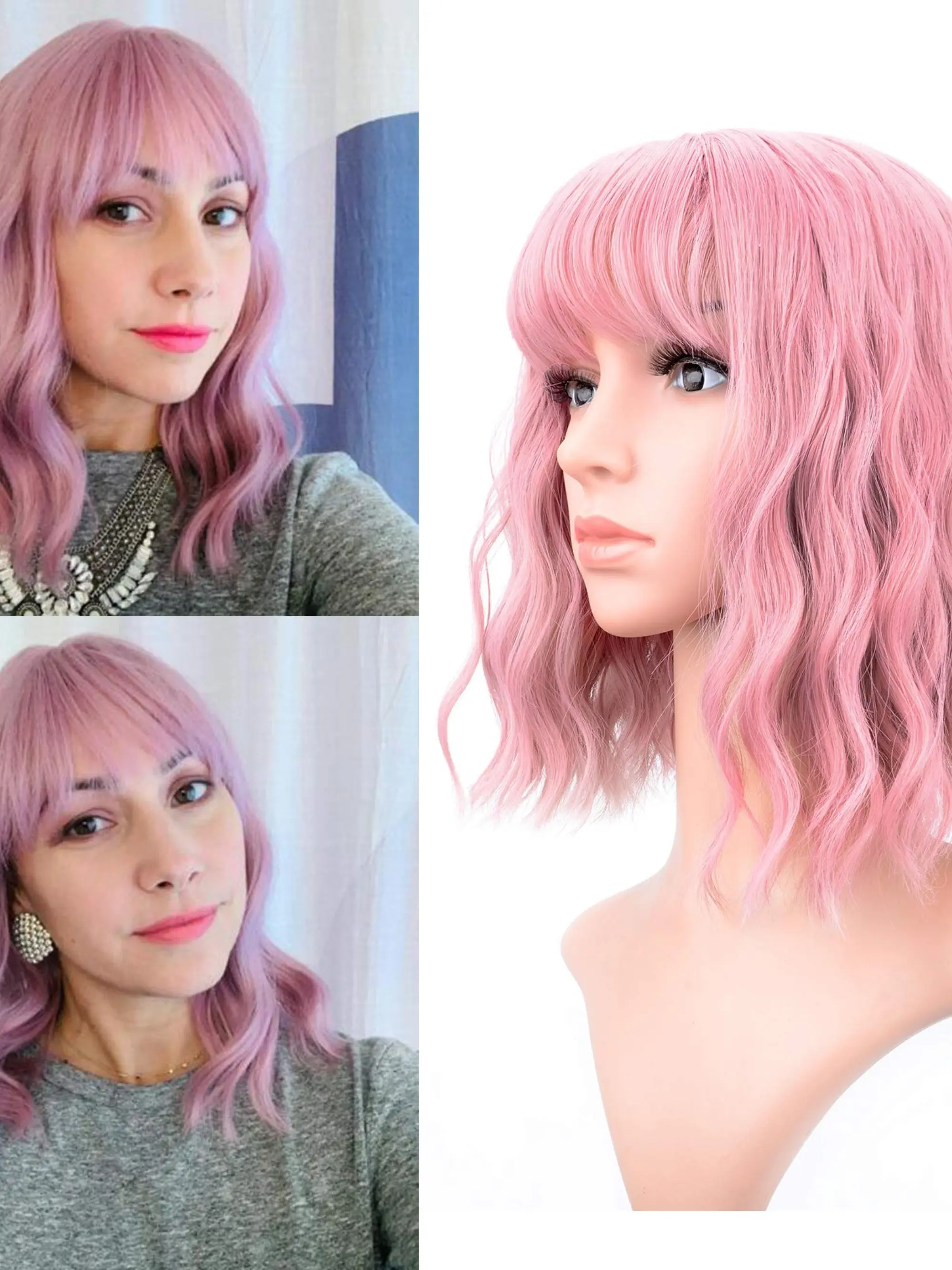 Pink Wig for Women Pastel Wavy Bob with Bangs Shoulder Length Synthetic Hair Esmee Short Wave Pink Bob Wig | Shoulder Length Curly Wavy  main image 4