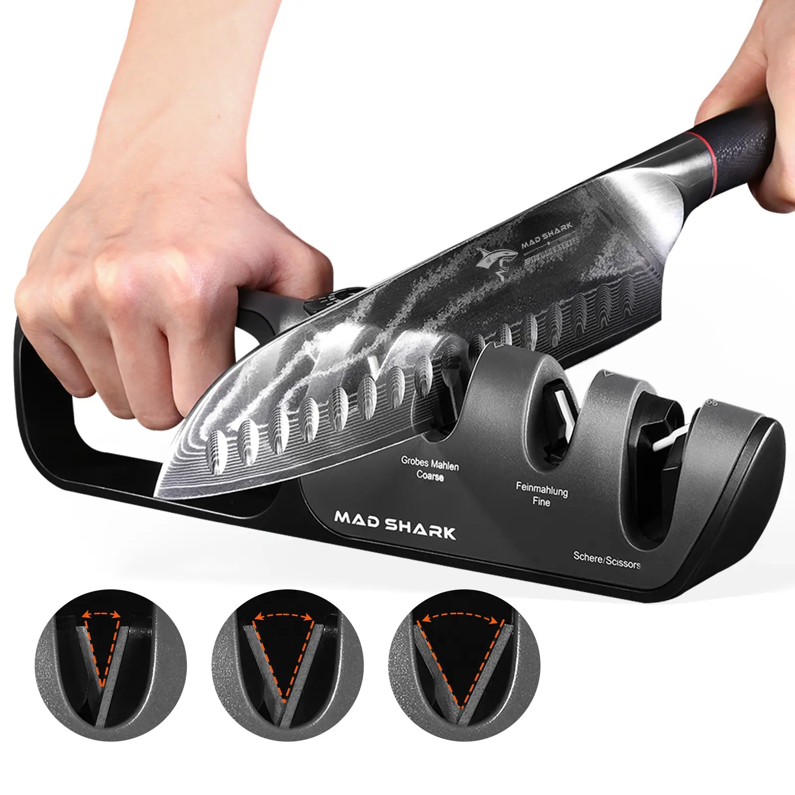 MAD SHARK Plastic Durable Knife Sharpener - Quick & Easy Kitchen Tool for Knives, Scissors - Fixed Angles Precision Guide, No Battery, No Magnets - Must-Have Home Kitchenware