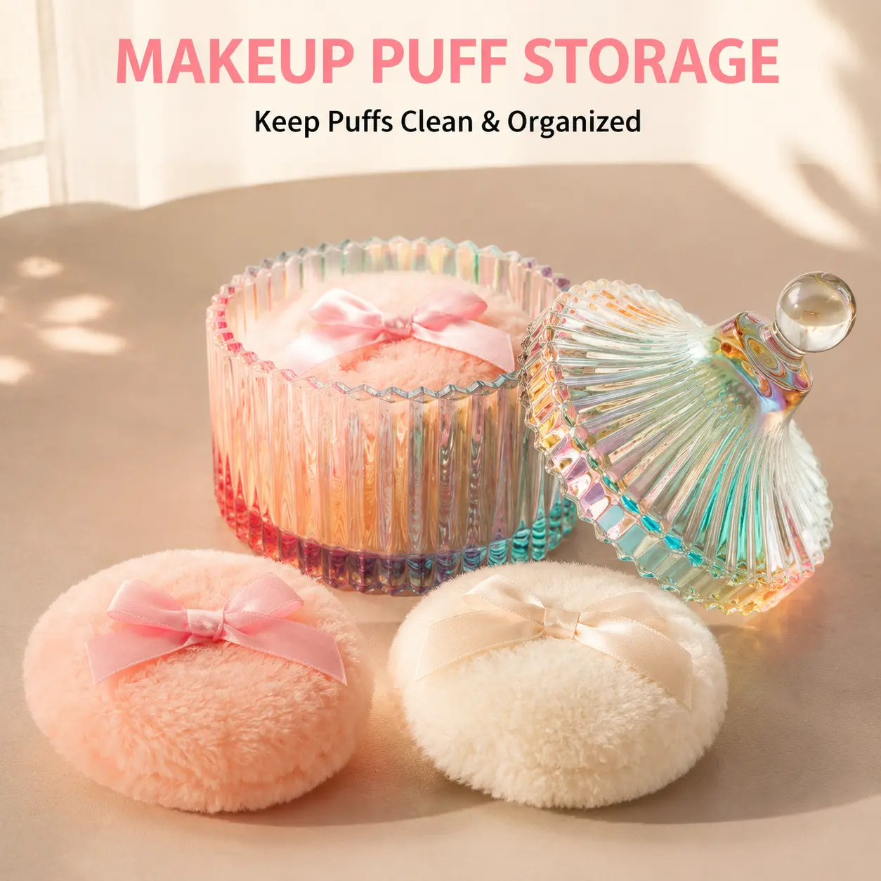 Dusting Powder Jar with Puff, Body Dusting Powder Storage Jar, Glass Jar Set With Soft Puff and Wet And Dry Dual-Purpose Makeup Puff Tool for Vanity Decor, Cosmetic Organizer and Cute Desk Decor, Birthday Gifts For Girls And Friends Perfect Party Presents