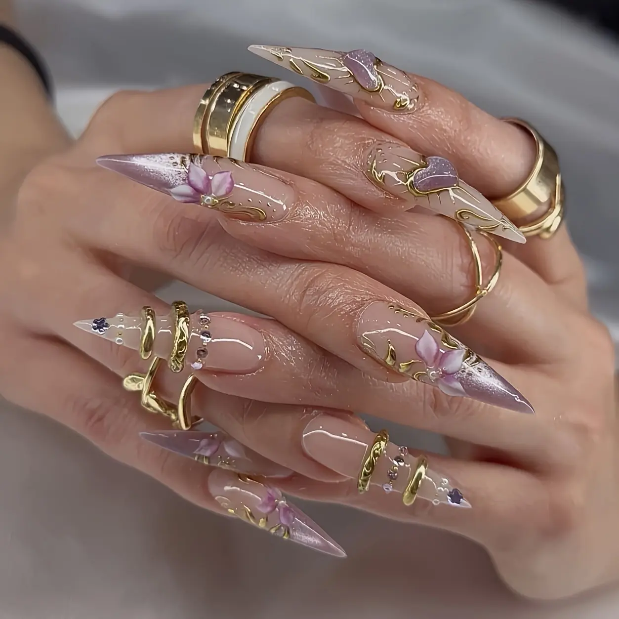 Handmade Glossy Finish Purple Iris 3D Flower Long Almond Press-On Acrylic Nails - Nail Art Accessories for Everyday Wear