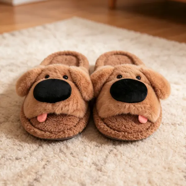 Women's Cute Slip-On Slippers - Casual Playful Puppy Face Cartoon Design, Soft Plush Fabric, Cozy TPU Home Footwear for Relaxing