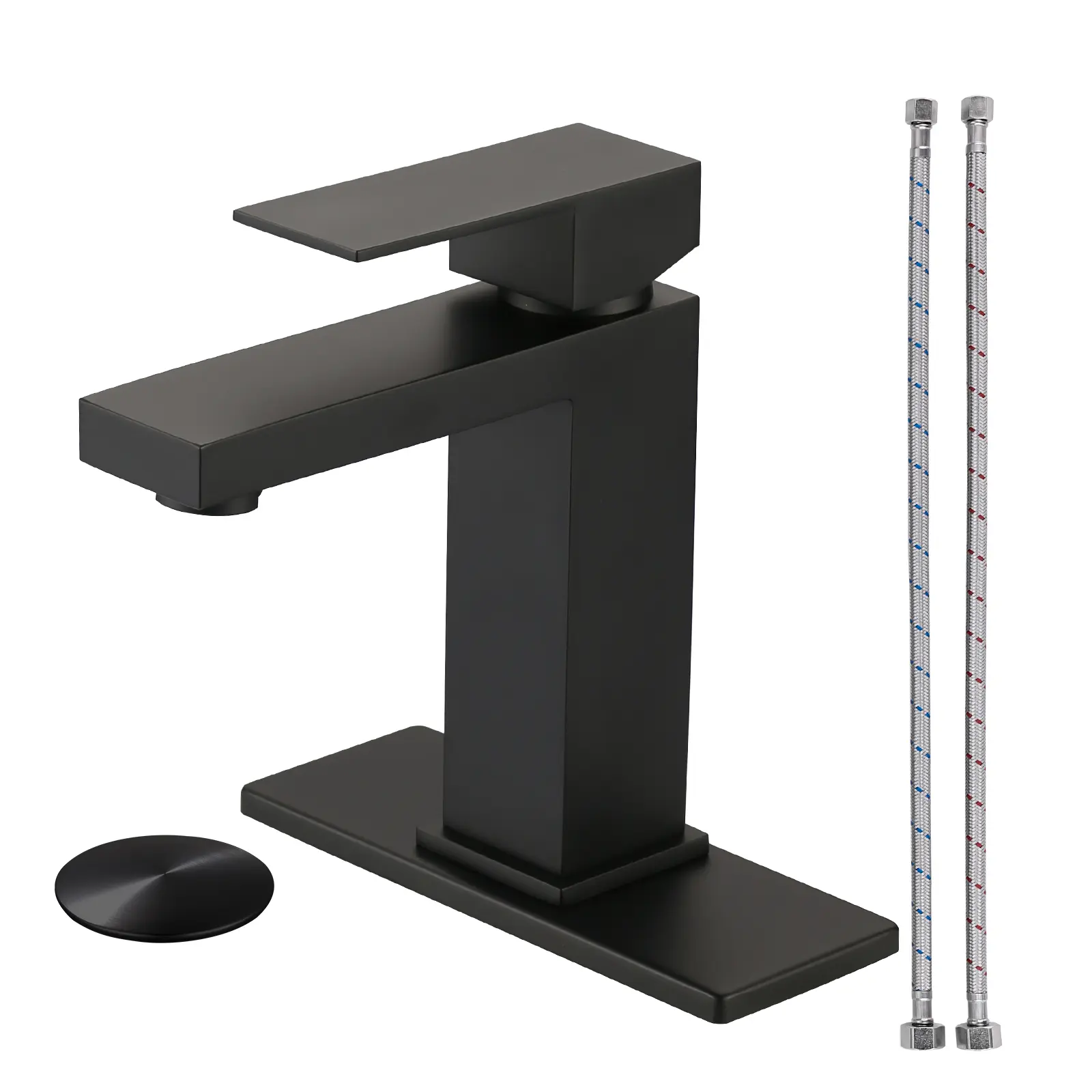 WOWOW Contemporary Matte Black Centerset Stainless Steel Bathroom Sink Faucet, 1/3 Hole Square Tap with Faucet Aerator, Leak-Proof cUPC Supply Lines, Popup Drain, Centerset Sink Faucet