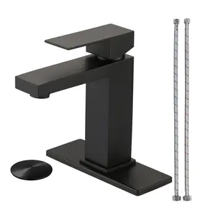 WOWOW Matte Black Bathroom Faucet for Bathroom Sink Modern Single Hole Bathroom Faucet with cUPC Supply Lines and Pop Up Drain