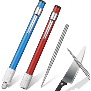 2 Pieces Diamond Retractable Knife Sharpener Steel Sharpening Rod for Kitchen Outdoor Serrated Stick Tools (Sky Blue, Red) Portable Aluminium Kitchenware Ceramic